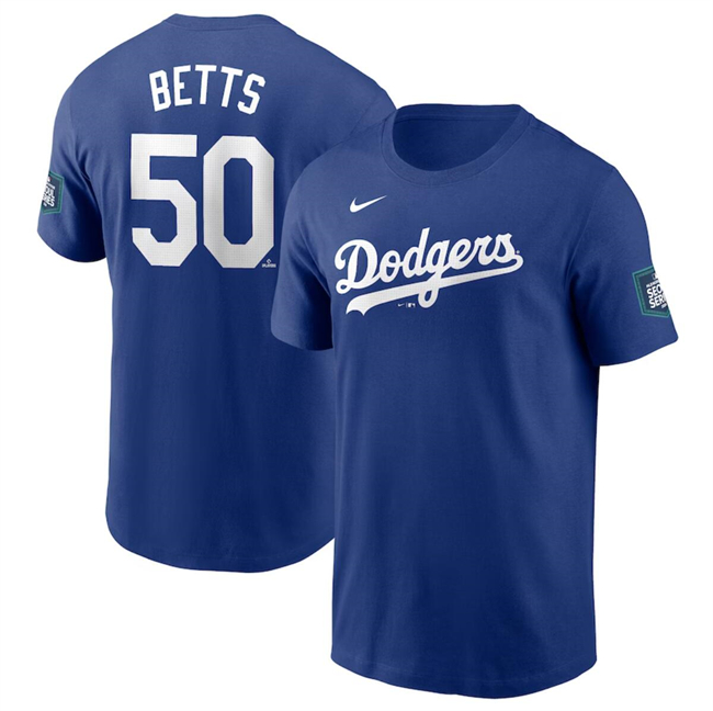 Men's Los Angeles Dodgers #50 Mookie Betts Royal 2024 World Tour Seoul Series Name & Number T-Shirt